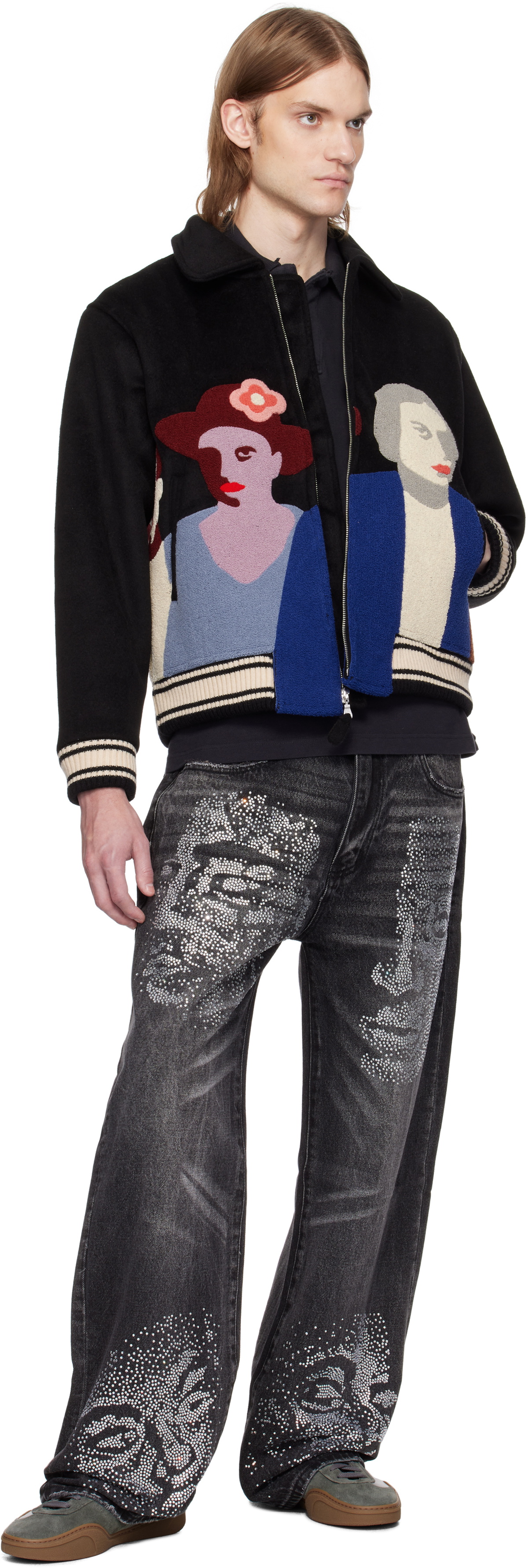 KidSuper Black Patchwork Portraits Wool Varsity Jacket