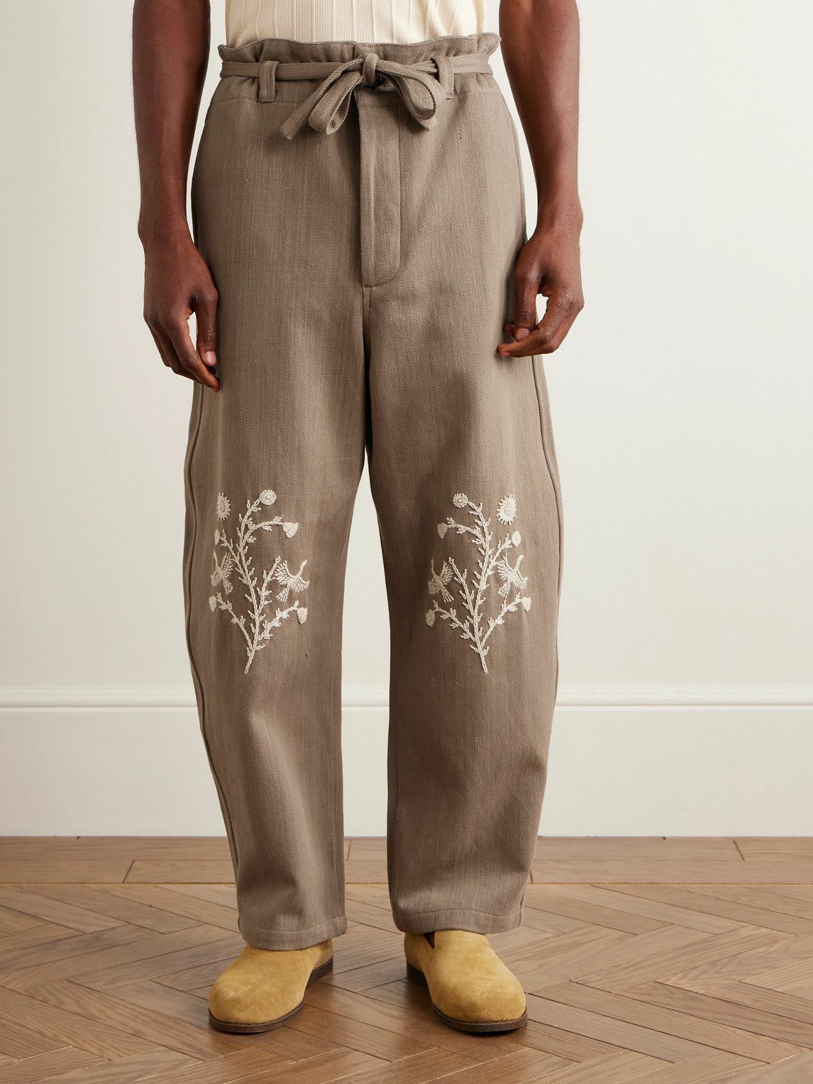 Kartik Research - Fauji Belted Embellished Embroidered Cotton-Twill Wide-Leg Trousers - Brown