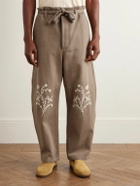 Kartik Research - Fauji Belted Embellished Embroidered Cotton-Twill Wide-Leg Trousers - Brown