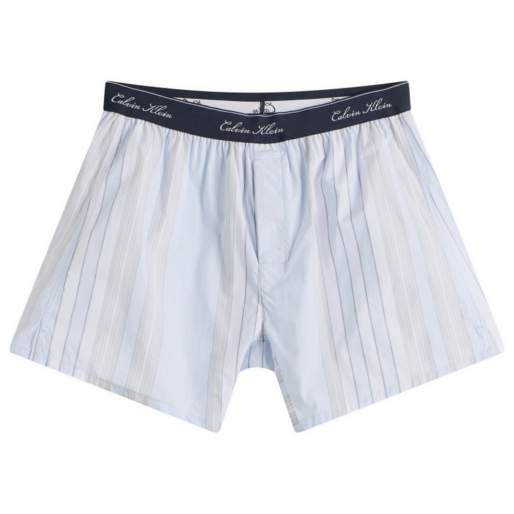 Photo: Calvin Klein Men's Poplin Script Boxer Short in Crest Stripe/Ice Castle