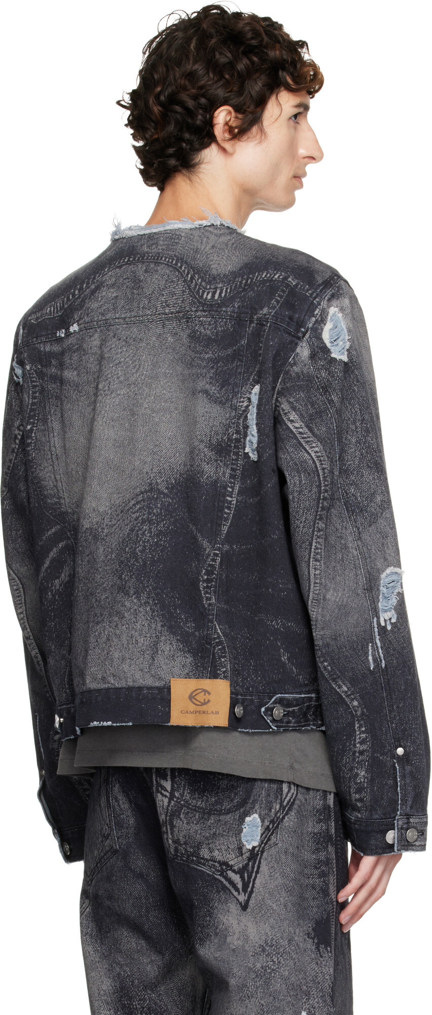 CAMPERLAB Black Distorted Print Distressed Denim Jacket