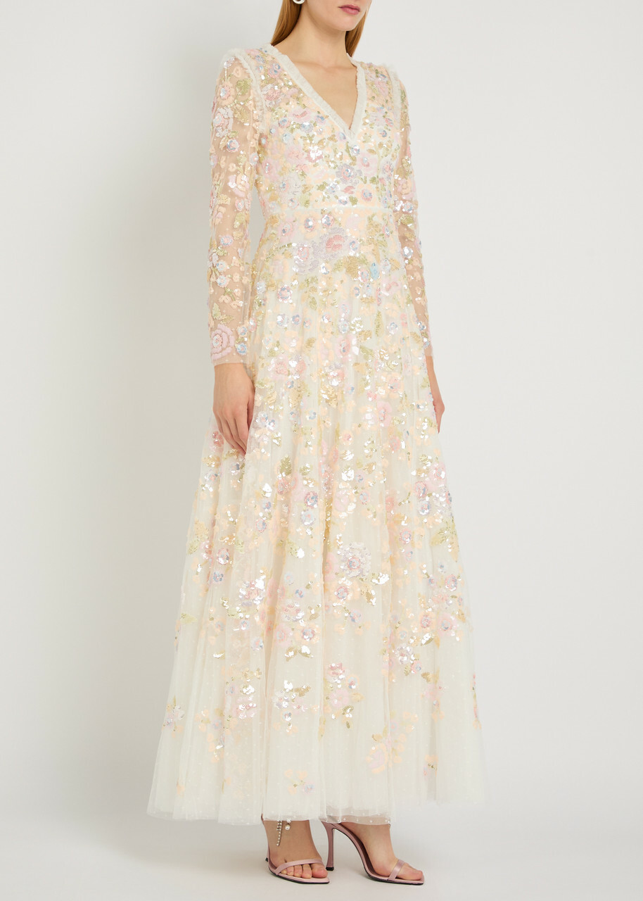 Needle & Thread Sequin Paradise Floral-embellished Tulle Gown White