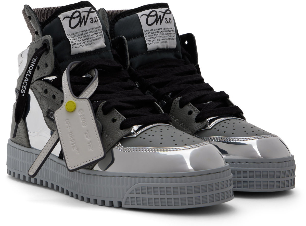 メタリック★Off-White★ 3.0 Off Court レザー スニーカー Off-White Gray 3.0 Off Court Mirror Leather Sneakers Off-White