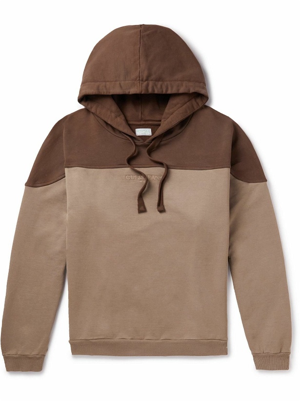 Photo: Guess USA - Logo-Embroidered Two-Tone Cotton-Jersey Hoodie - Brown