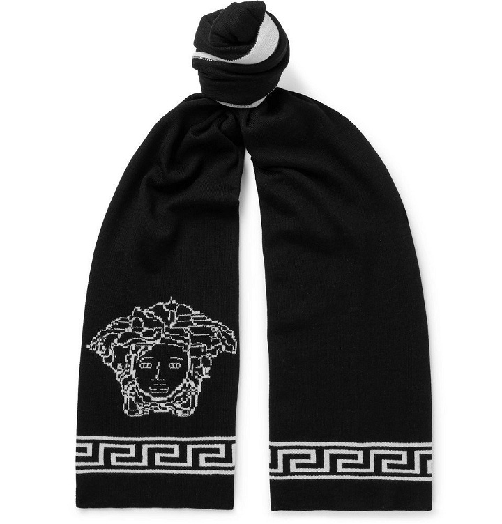 Photo: Versace - Logo-Intarsia Wool and Silk-Blend Scarf - Men - Black