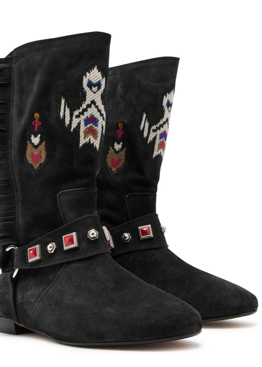 Isabel Marant étoile Siani Embroidered Suede Mid-calf Boots Dark Grey