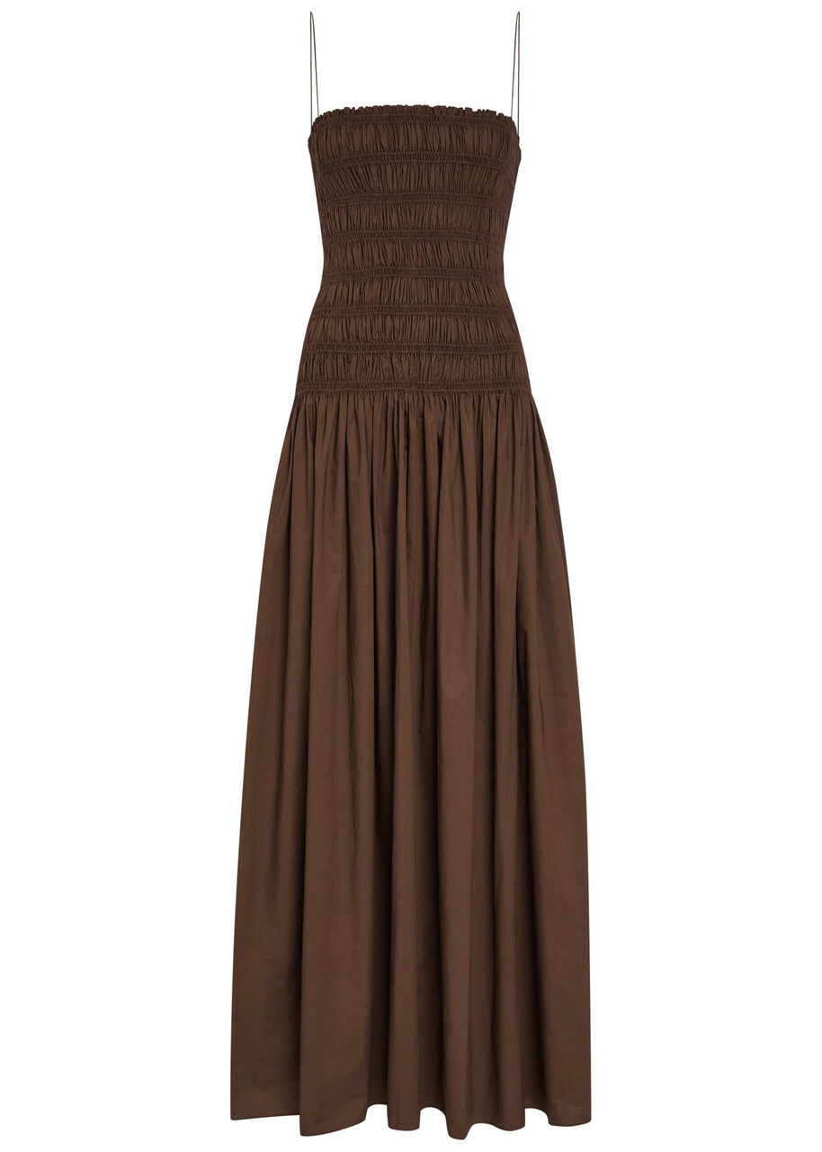 Matteau Shirred Cotton-poplin Maxi Dress Chocolate