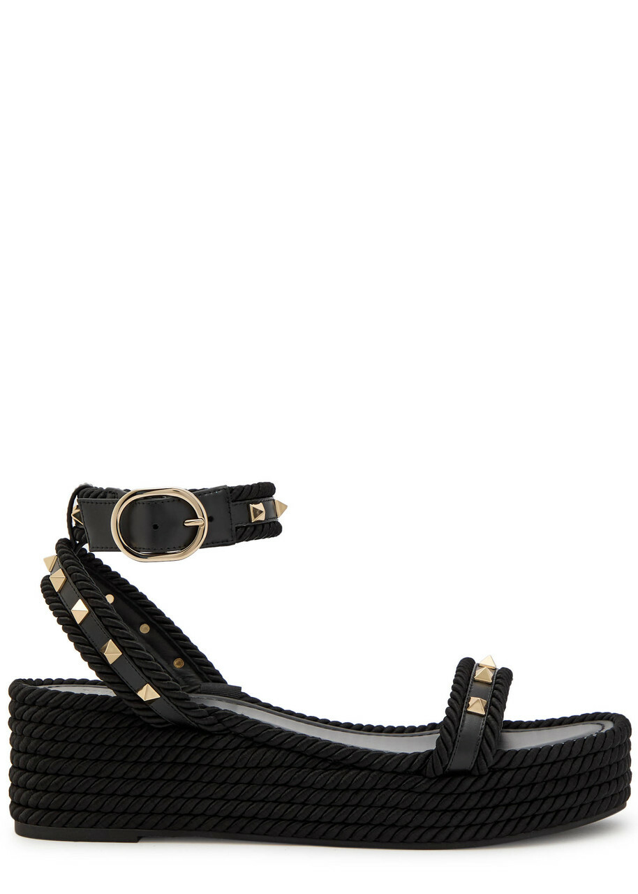 Valentino Rockstud Torchon Silk Espadrille Wedge Sandals Black