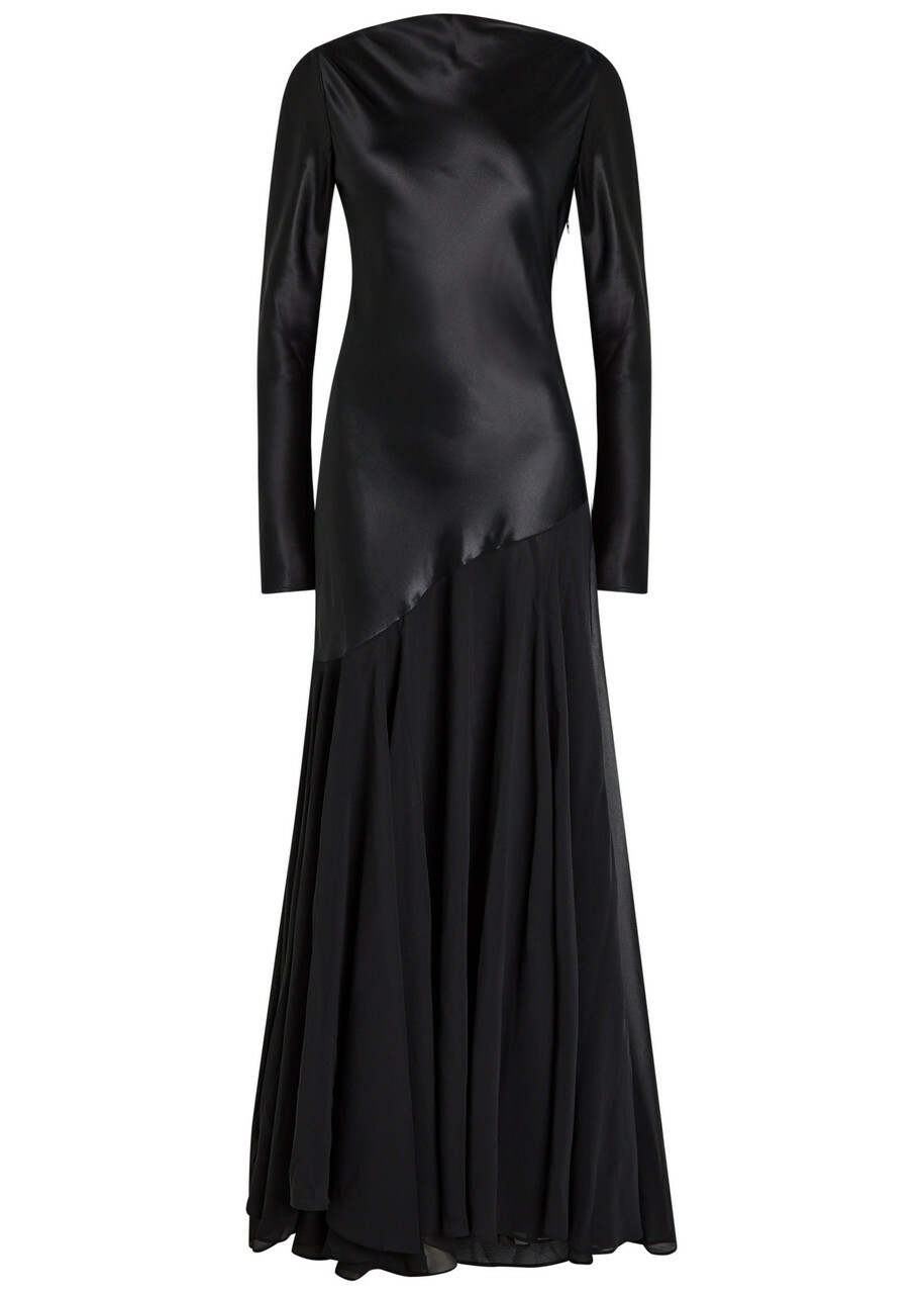 Tove Cordelia Asymmetric Silk Maxi Dress Black