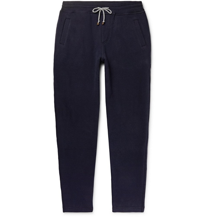 Photo: Brunello Cucinelli - Slim-Fit Tapered Fleece-Back Stretch-Cotton Jersey Sweatpants - Midnight blue
