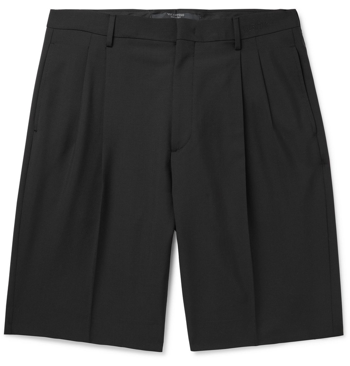 Photo: VALENTINO - Wide-Leg Pleated Wool and Mohair-Blend Shorts - Black