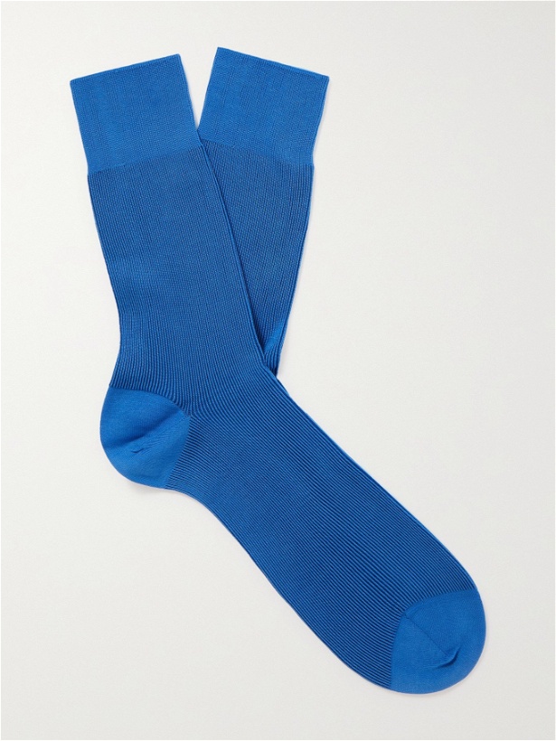 Photo: FALKE - Shadow Ribbed Striped Cotton-Blend Socks - Blue
