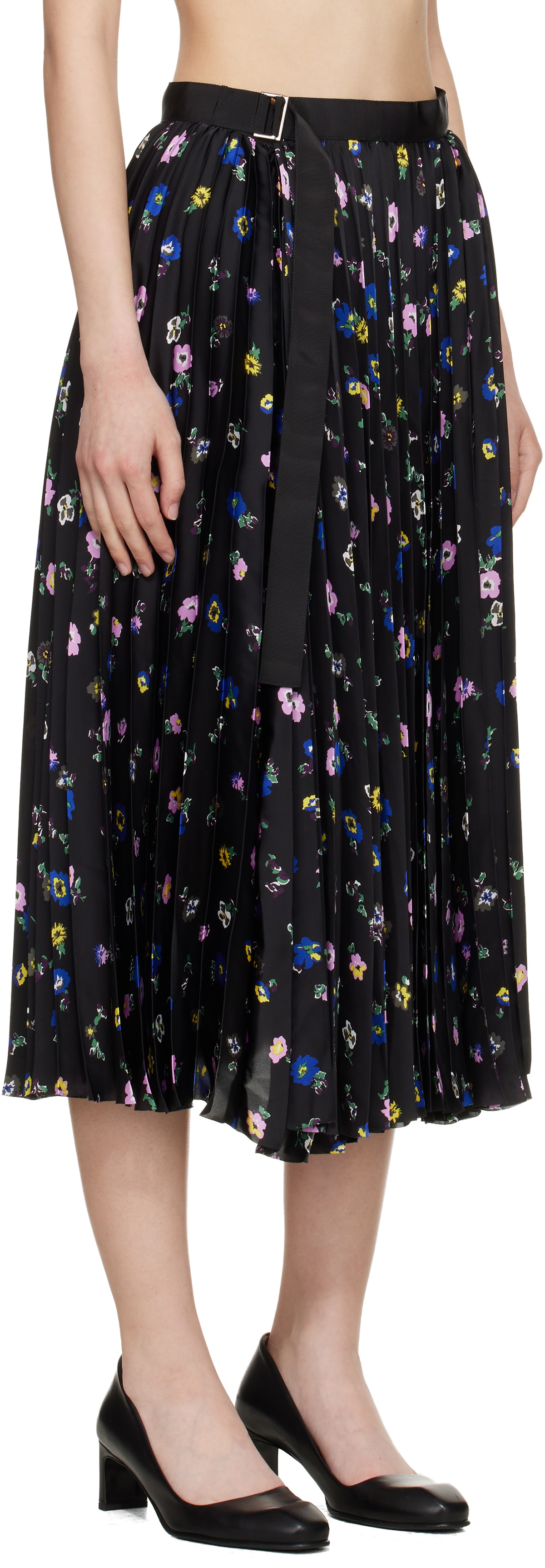sacai Black Floral Print Midi Skirt