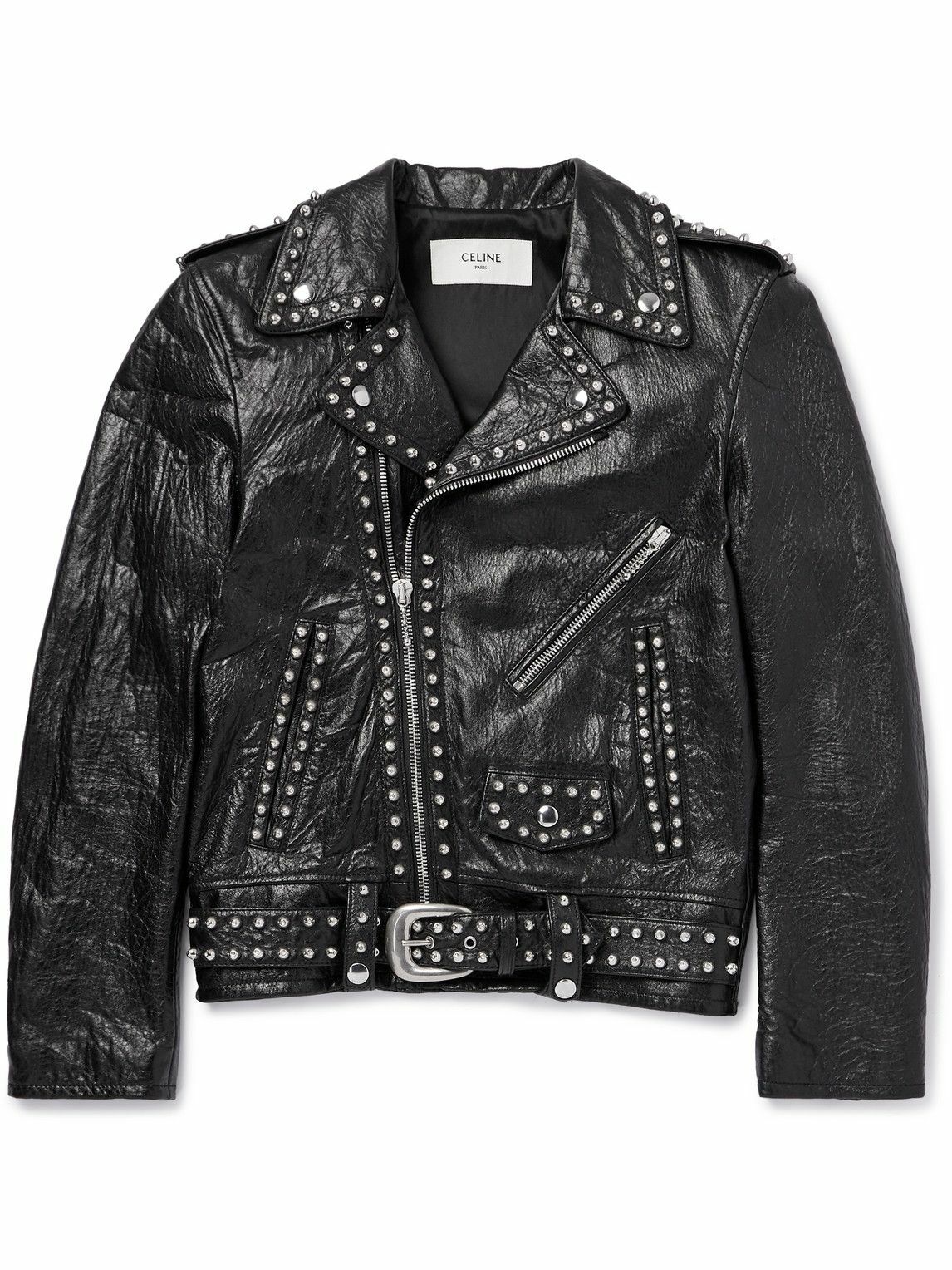 CELINE - Studded Belted Textured-Leather Jacket - Black