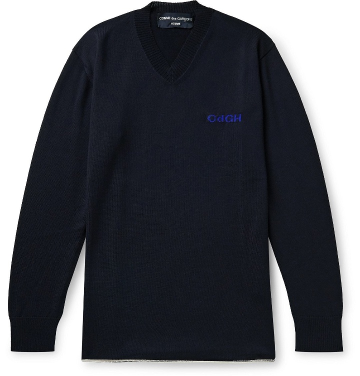Photo: Comme des Garçons HOMME - Logo-Embroidered Wool and Cotton-Blend Sweater - Blue
