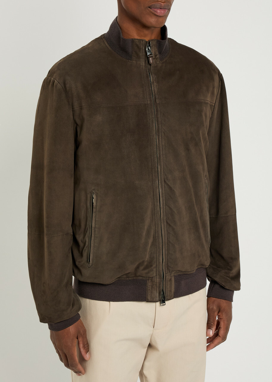 Canali Quilted Suede Bomber Jacket Brown