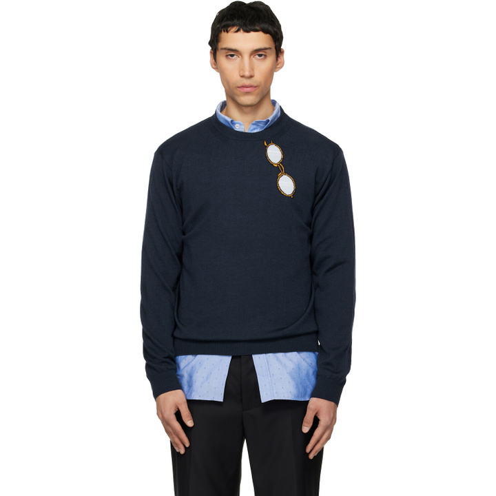 Photo: Moschino Navy Superfine Merino Wool Intarsia Sweater