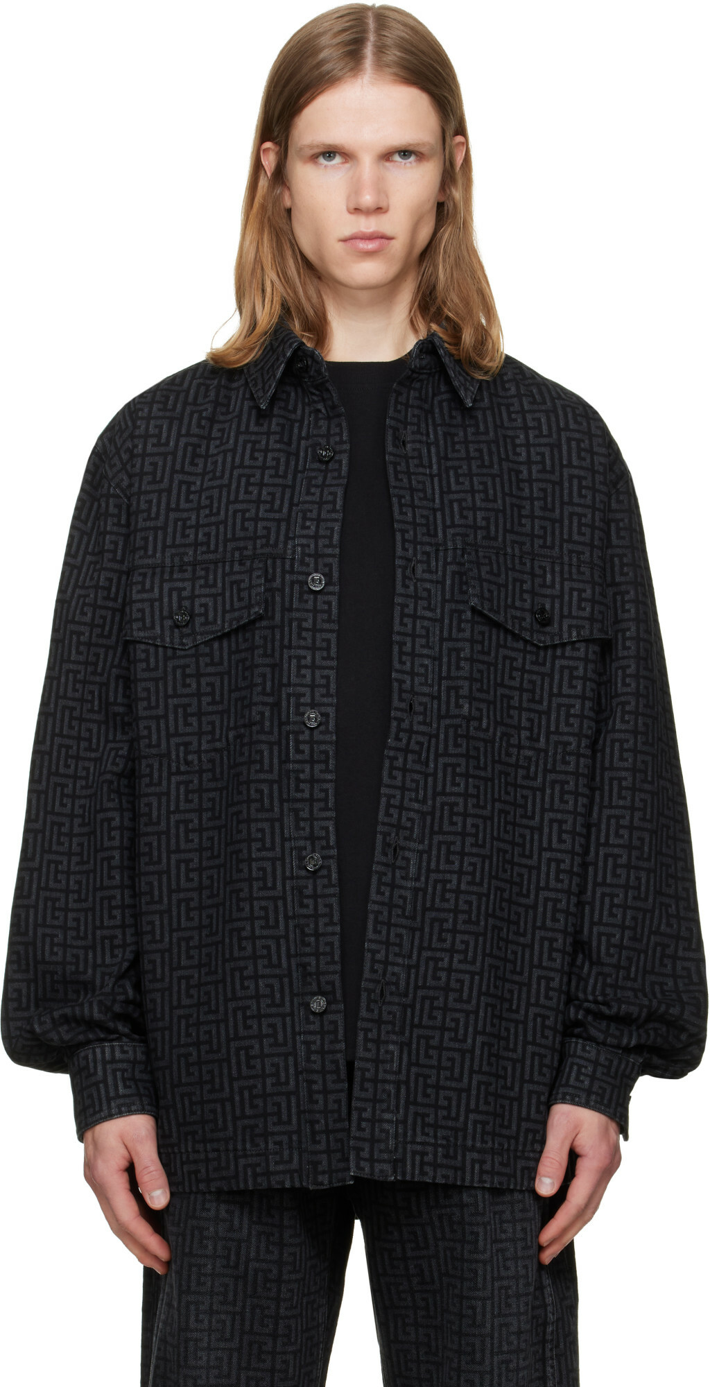 BALMAIN Black Monogram Denim Overshirt