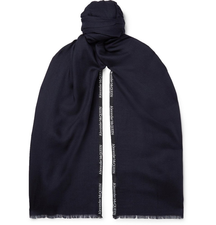 Photo: Alexander McQueen - Logo-Embroidered Cashmere and Silk-Blend Jacquard Scarf - Men - Midnight blue