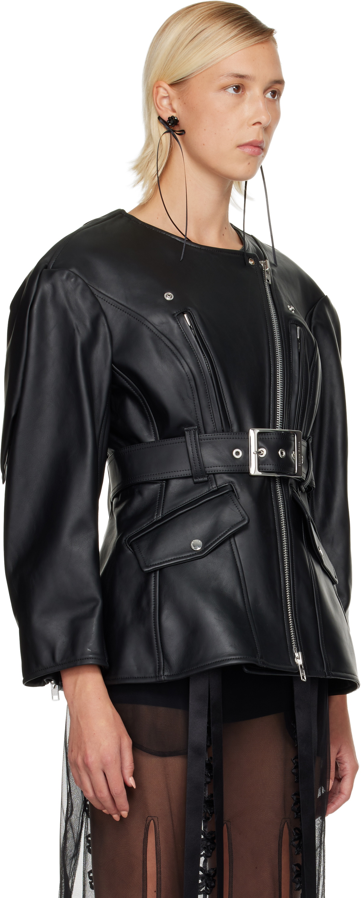 Simone Rocha Black Sculpted Belt Detail & Back Bow Leather Biker Jacket
