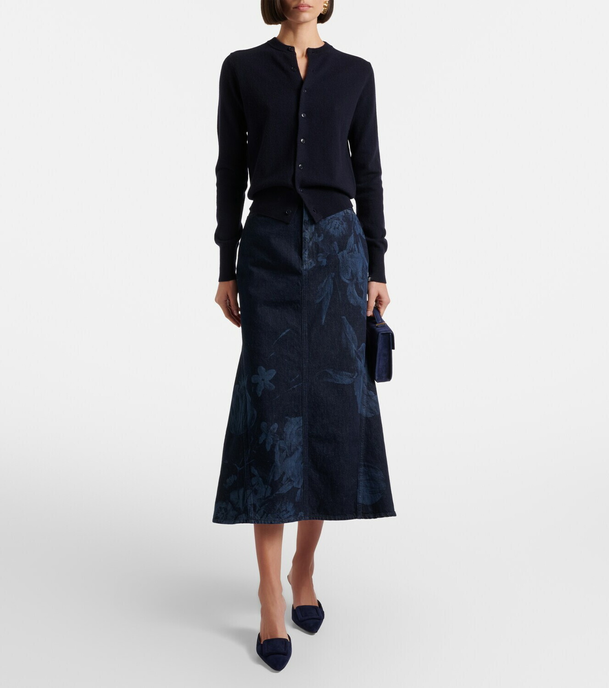 Erdem Floral flared denim midi skirt