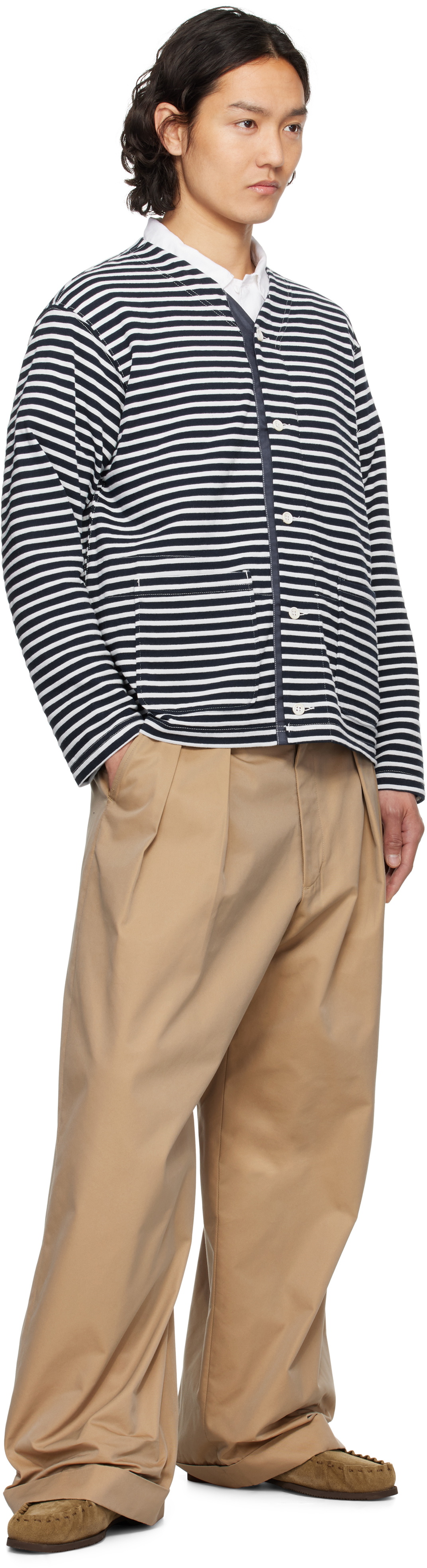 Engineered Garments White & Navy PC Stripe Jersey Knit Cardigan