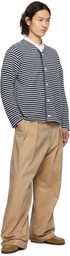 Engineered Garments White & Navy PC Stripe Jersey Knit Cardigan