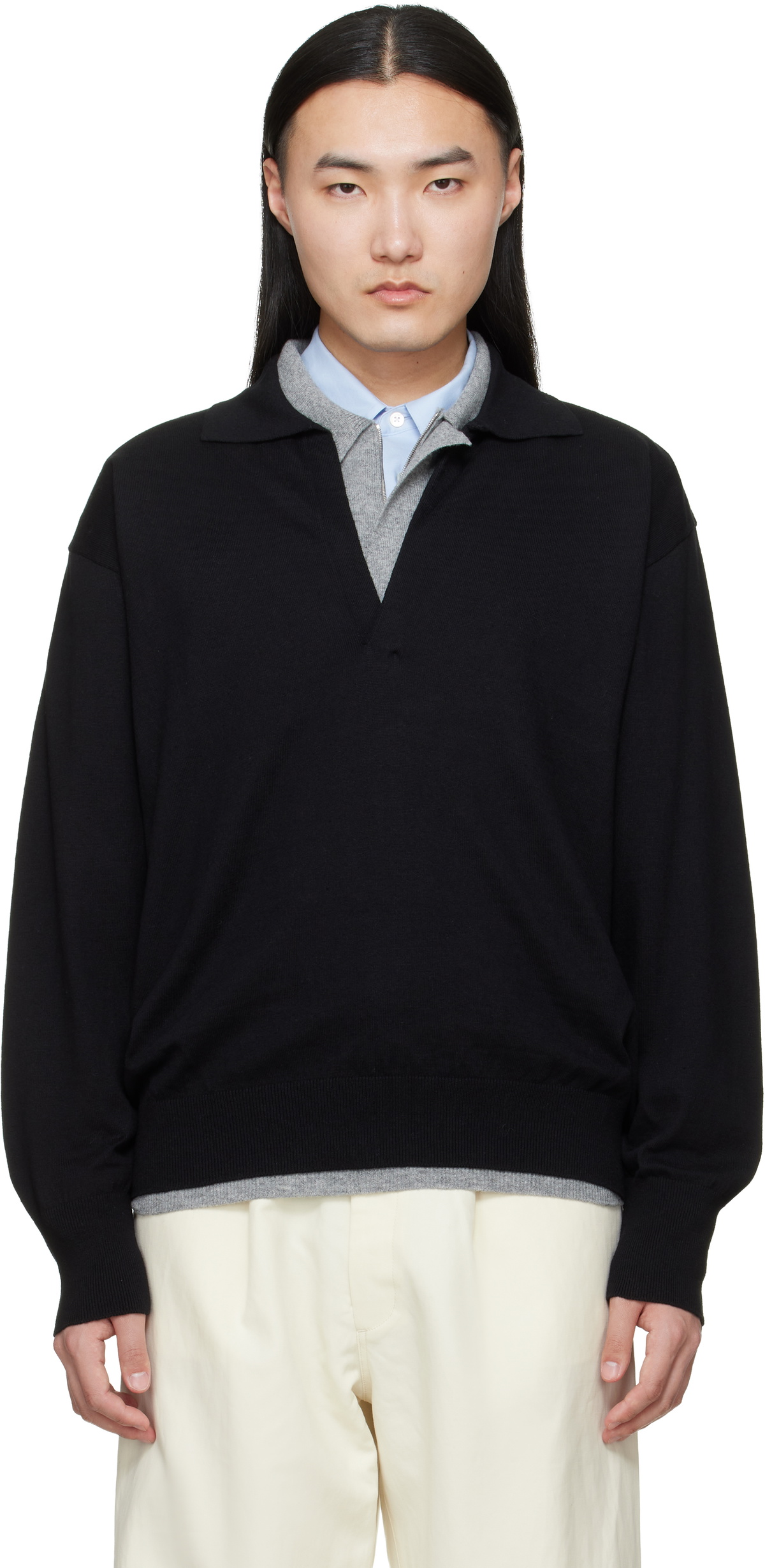 ssstein Black Organic Cotton Knit Skipper LS Polo