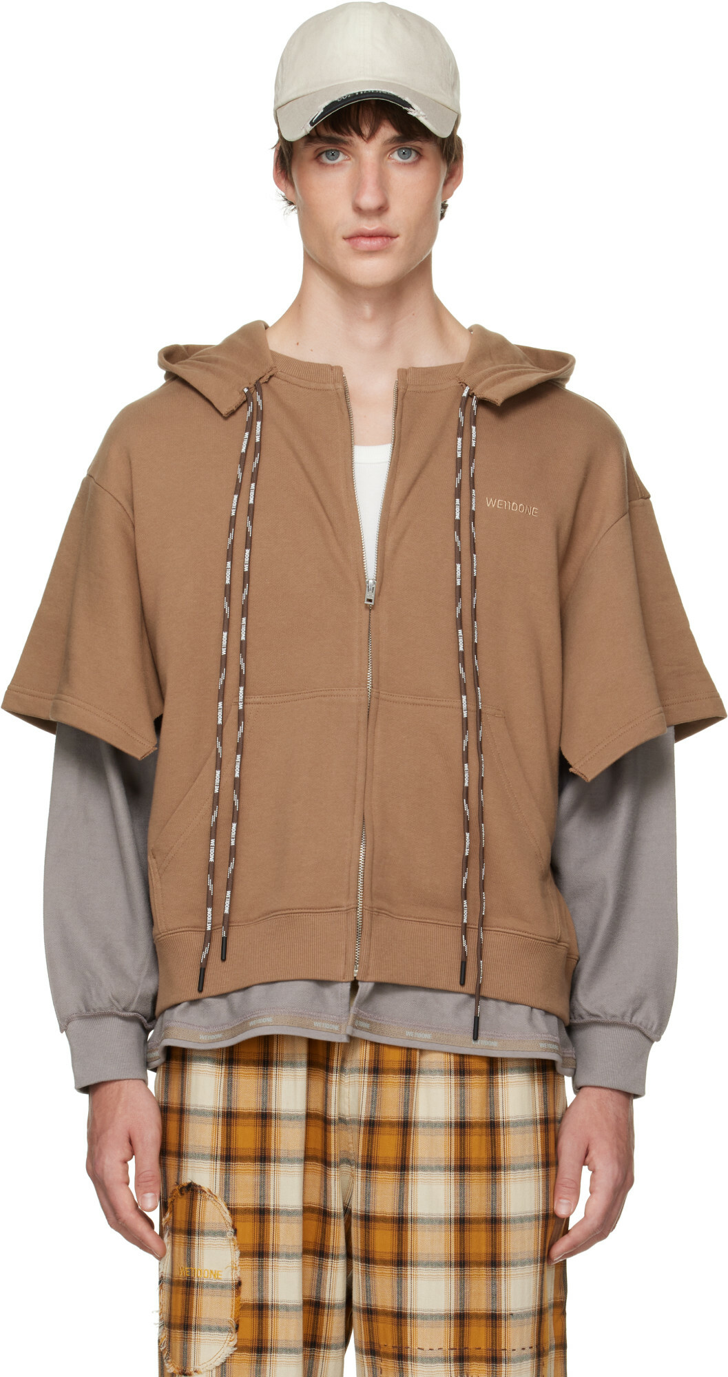 We11done Brown & Gray Layered Double String Zip-Up Hoodie