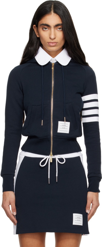 Photo: Thom Browne Navy Classic Loopback 4-Bar Full Zip Hoodie