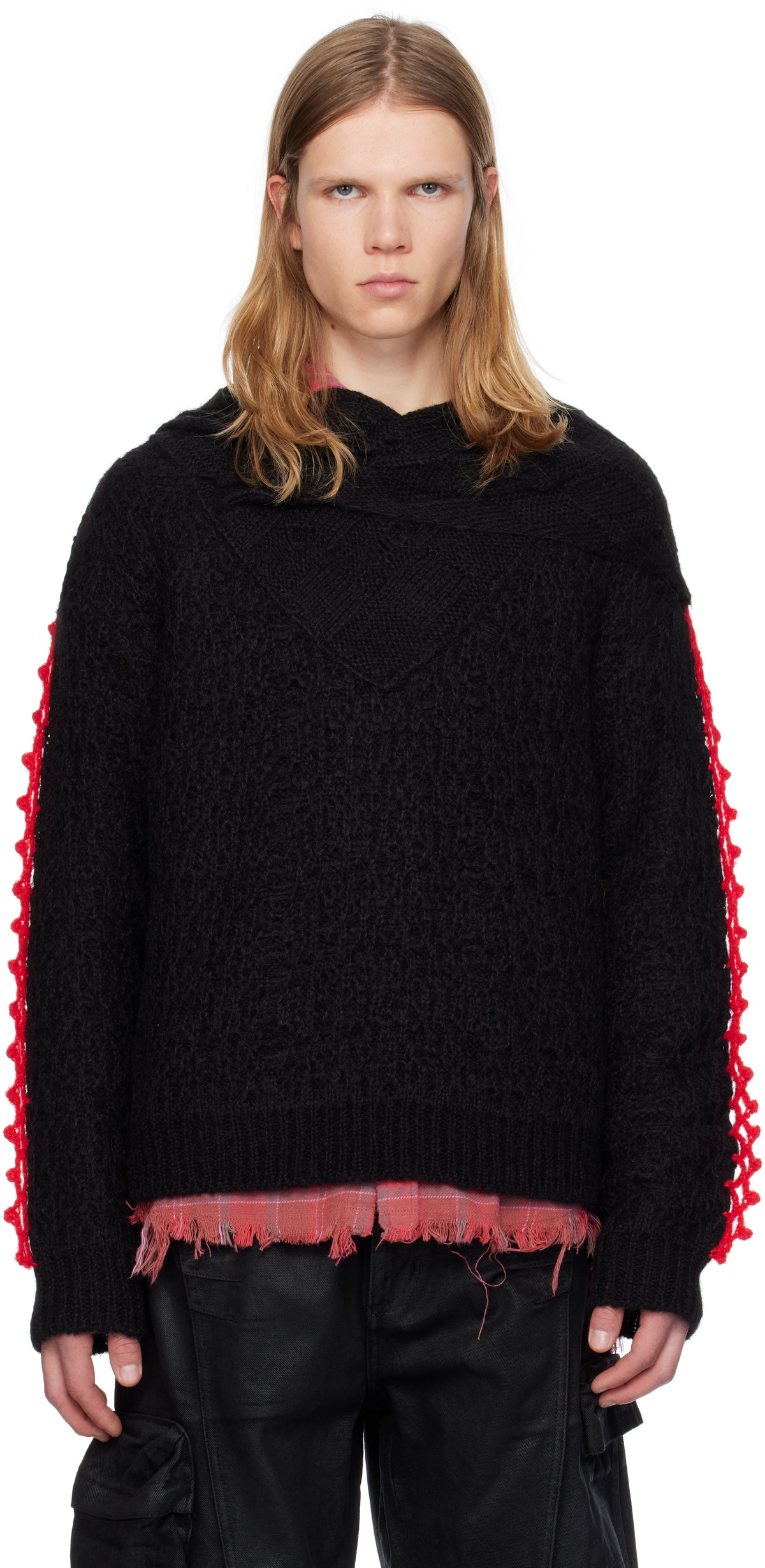 【Andersson Bell】 BLACK RED STRIPE CREW-NECK SWEATER Andersson Bell: Red & Black Stripe Crew-Neck Sweater | SSENSE