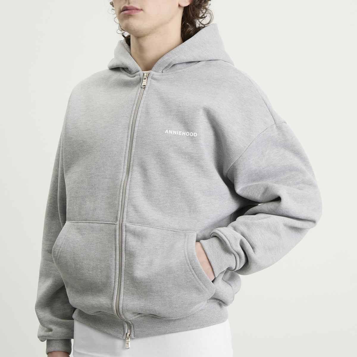 ANNIE HOOD Men's Mini Logo Zip Hoodie in Marl Grey