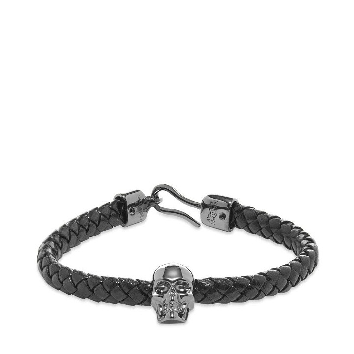 Photo: Alexander McQueen Men's Leather Skull Bracelet in Black/Silver