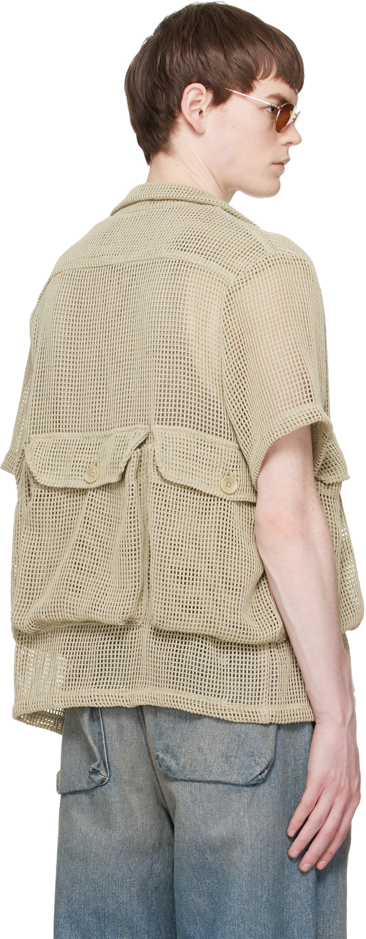 Reese Cooper Khaki Crochet Knit Short Sleeve Cargo Shirt