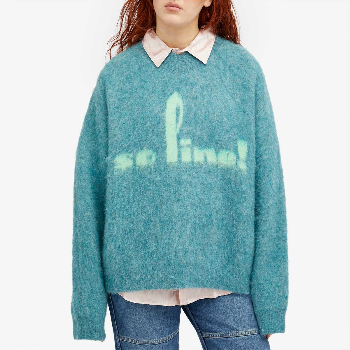 Martine Rose Women's Mohair V-neck Knit Jumper in Blue Teal