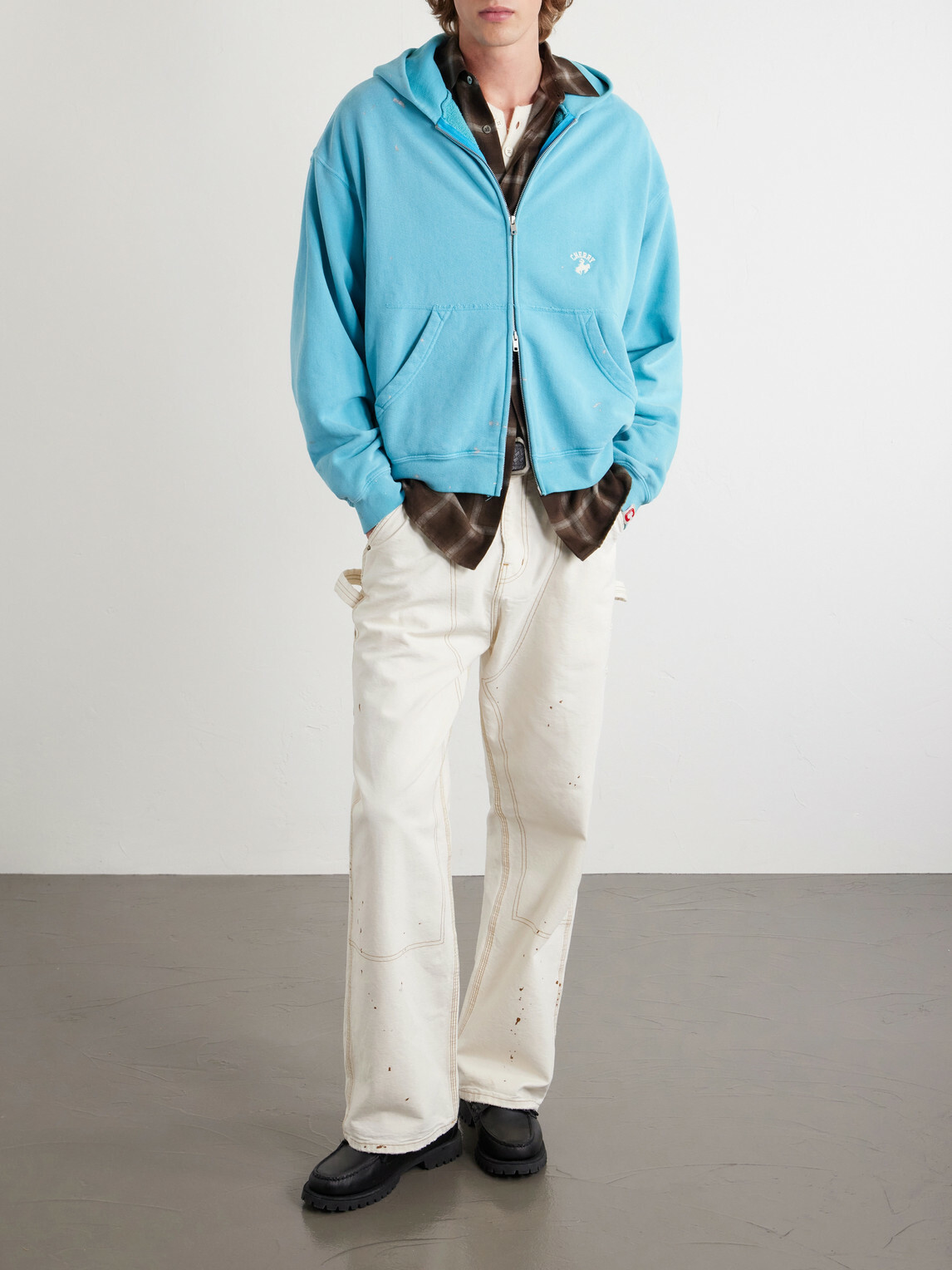 Cherry Los Angeles - Logo-Embroidered Paint-Splattered Cotton-Jersey Zip-Up Hoodie - Blue