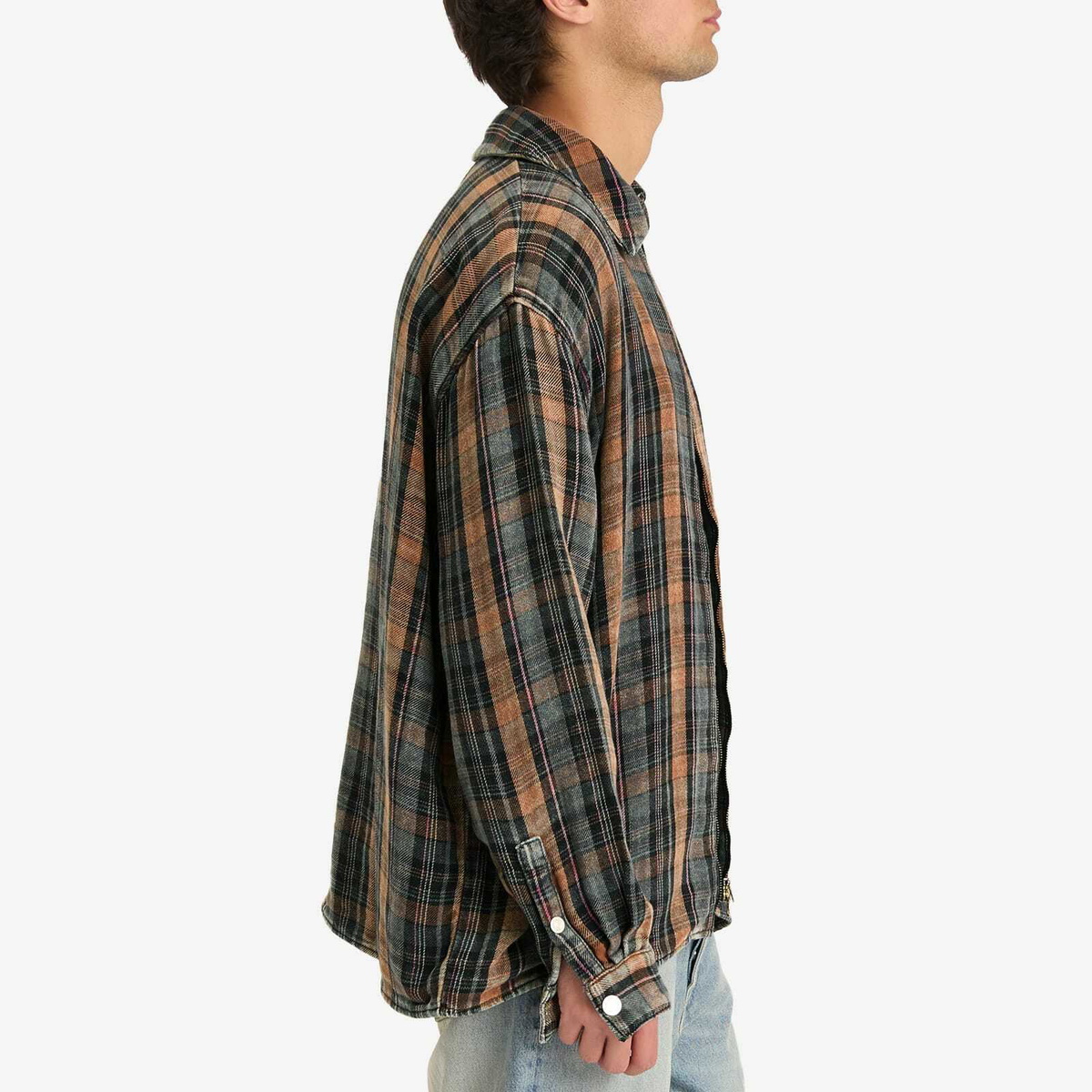 茶 oversea Won Hundred Men's Zayne Zip Overshirt in Bleached Check Won Hundred
