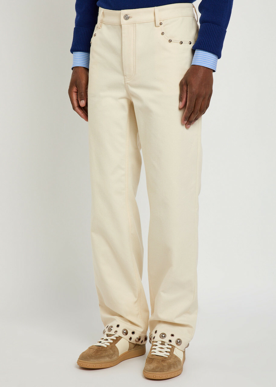 Valentino Garavani Stud-embellished Straight-leg Cotton Jeans Cream
