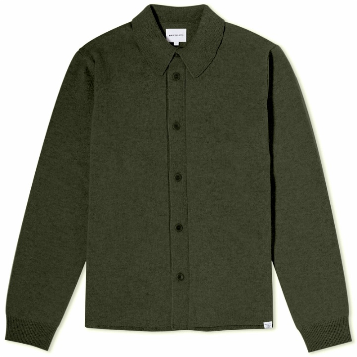 Photo: Norse Projects Men's Martin Merino Lambswool Button Polo Shirt in Army Green