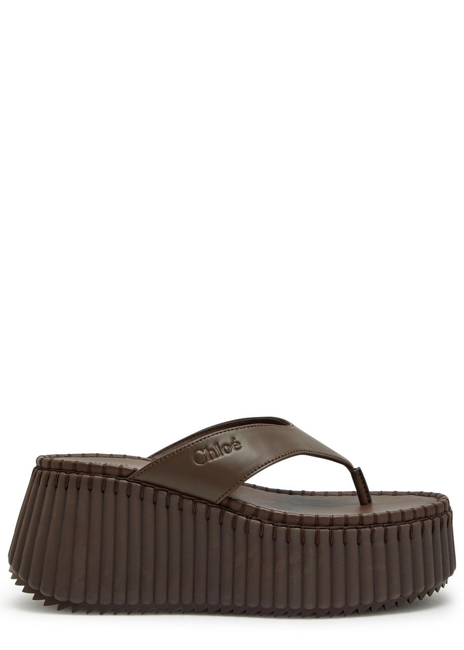 Chloe Nama 80 Leather Wedge Thong Sandals Brown