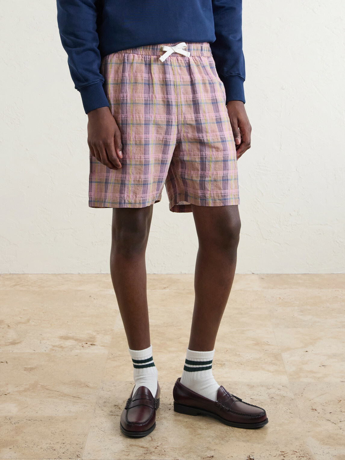 Drake's - Straight-Leg Checked Linen And Cotton-Blend Drawstring Shorts - Pink