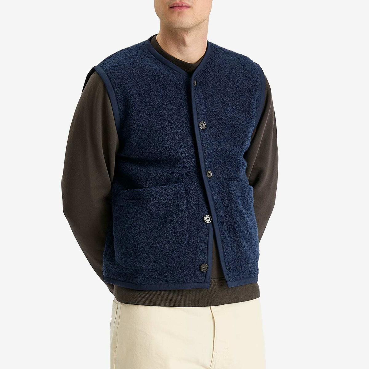 Universal Works Men's Boucle Alvar Fleece Lancaster Gilet in Navy