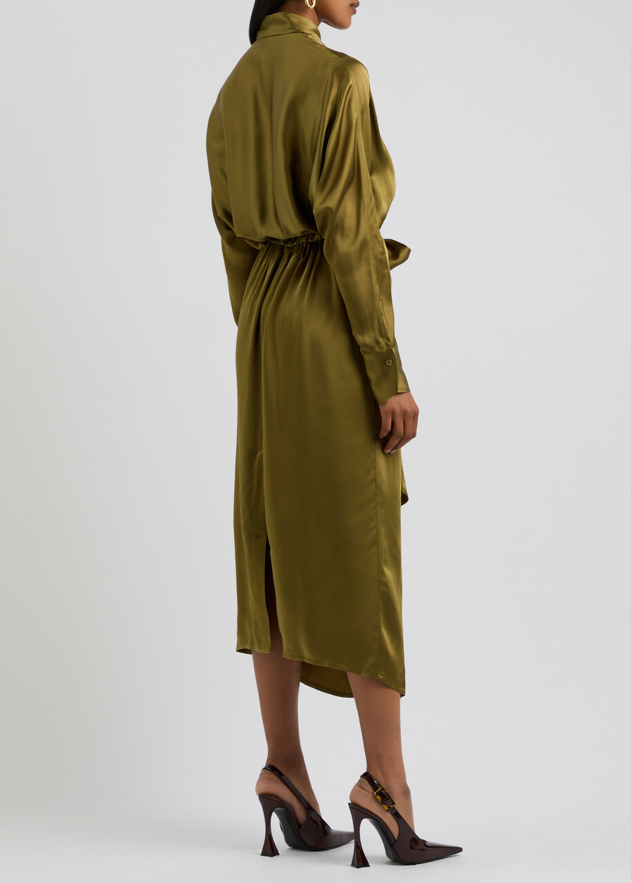Petar Petrov The Slippery Belted Satin Midi Shirt Dress Green Olive