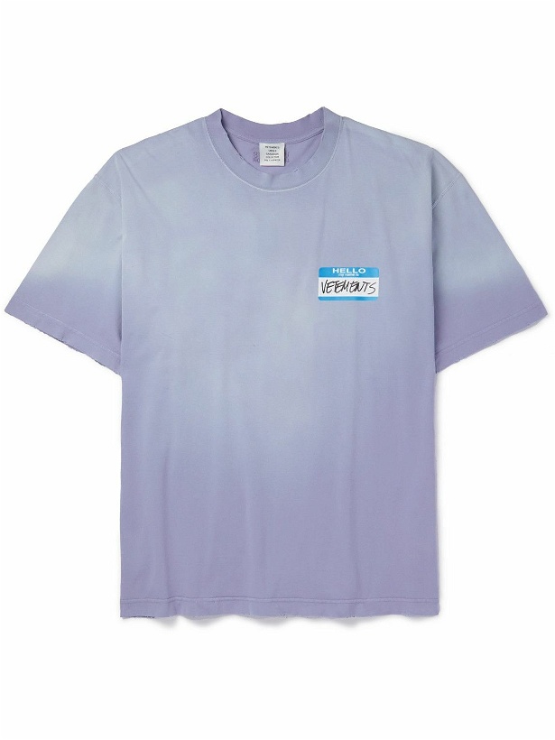 Photo: VETEMENTS - Oversized Distressed Logo-Print Cotton-Jersey T-shirt - Purple