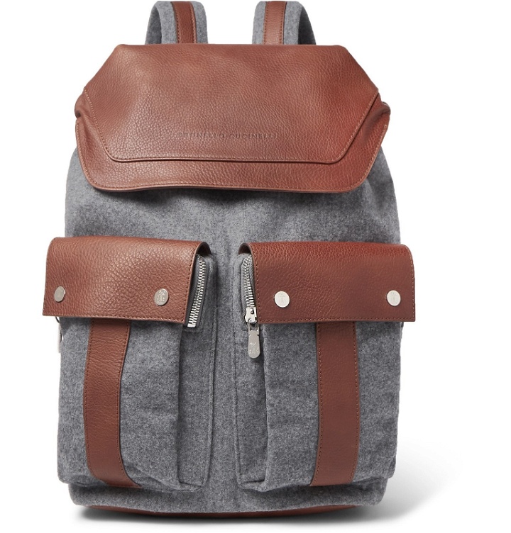 Photo: Brunello Cucinelli - Full-Grain Leather and Mélange Wool Backpack - Gray