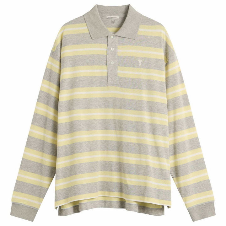 Photo: AMI Paris Men's Mercerised Jersey ADC Stripe Polo in Gris Chine/Jaune/Blanc