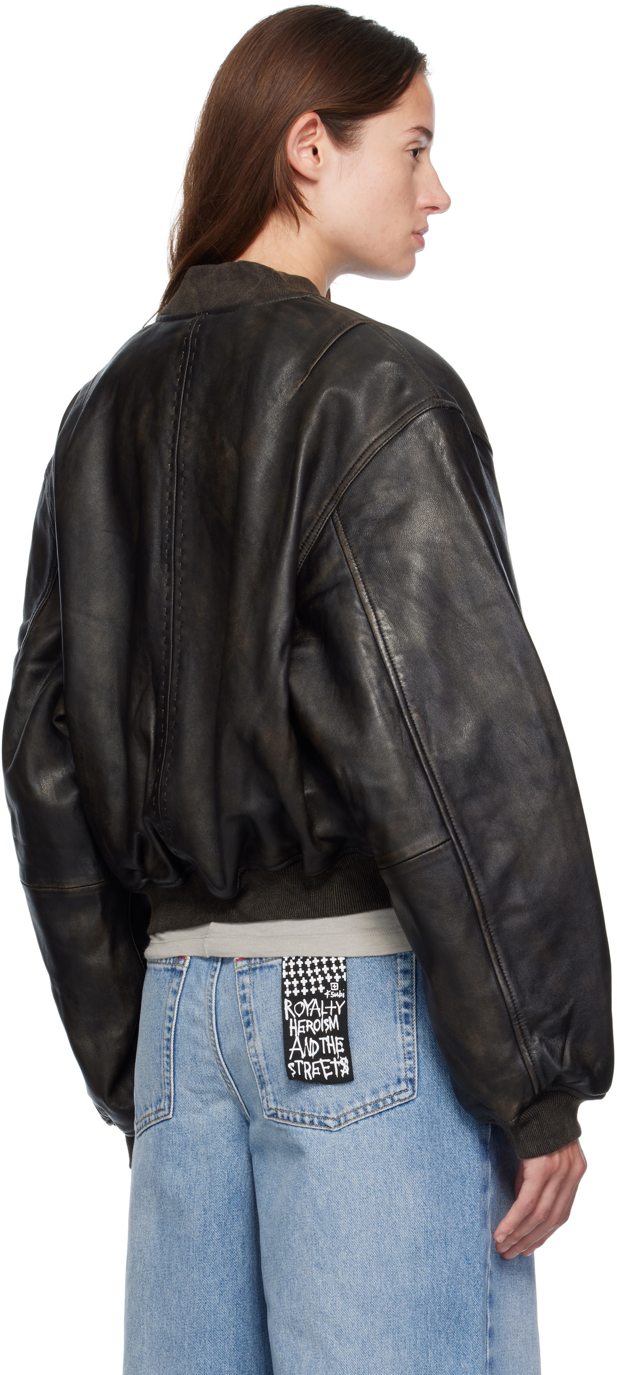 Ksubi Black Alpha Crop Leather Bomber Jacket