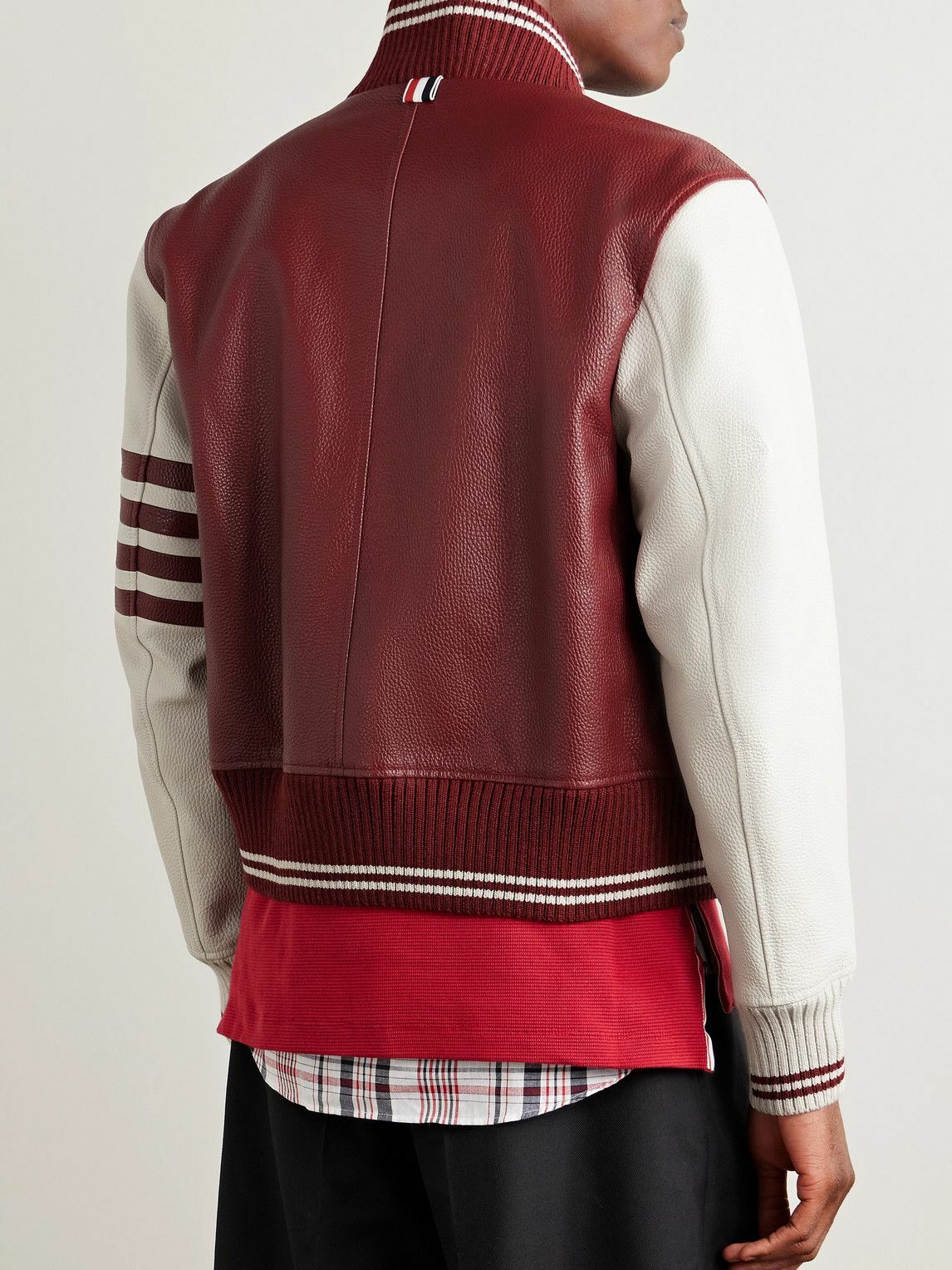 Thom Browne - Striped Full-Grain Leather Bomber Jacket - Burgundy