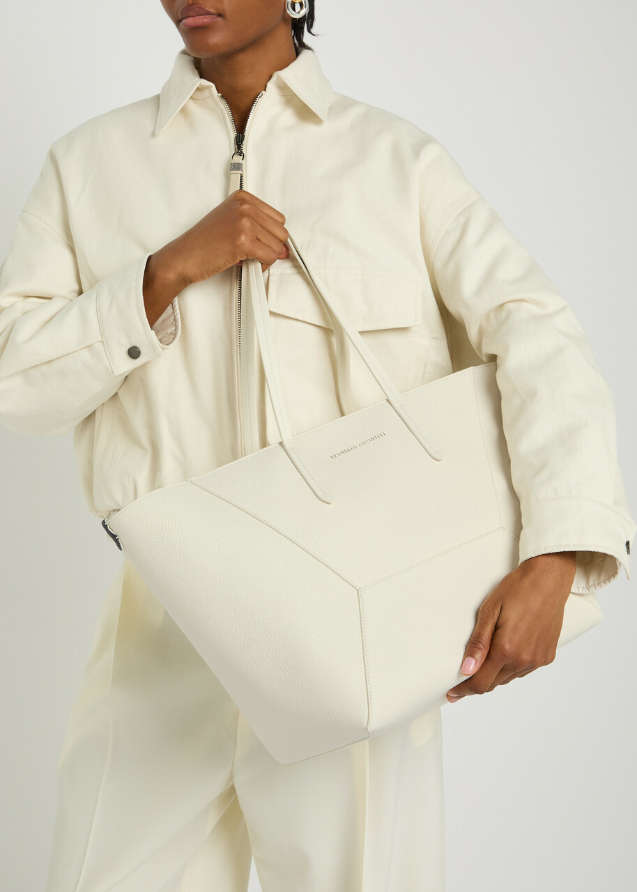Brunello Cucinelli Bead Medium Grained Leather Tote bag - Cream - One Size