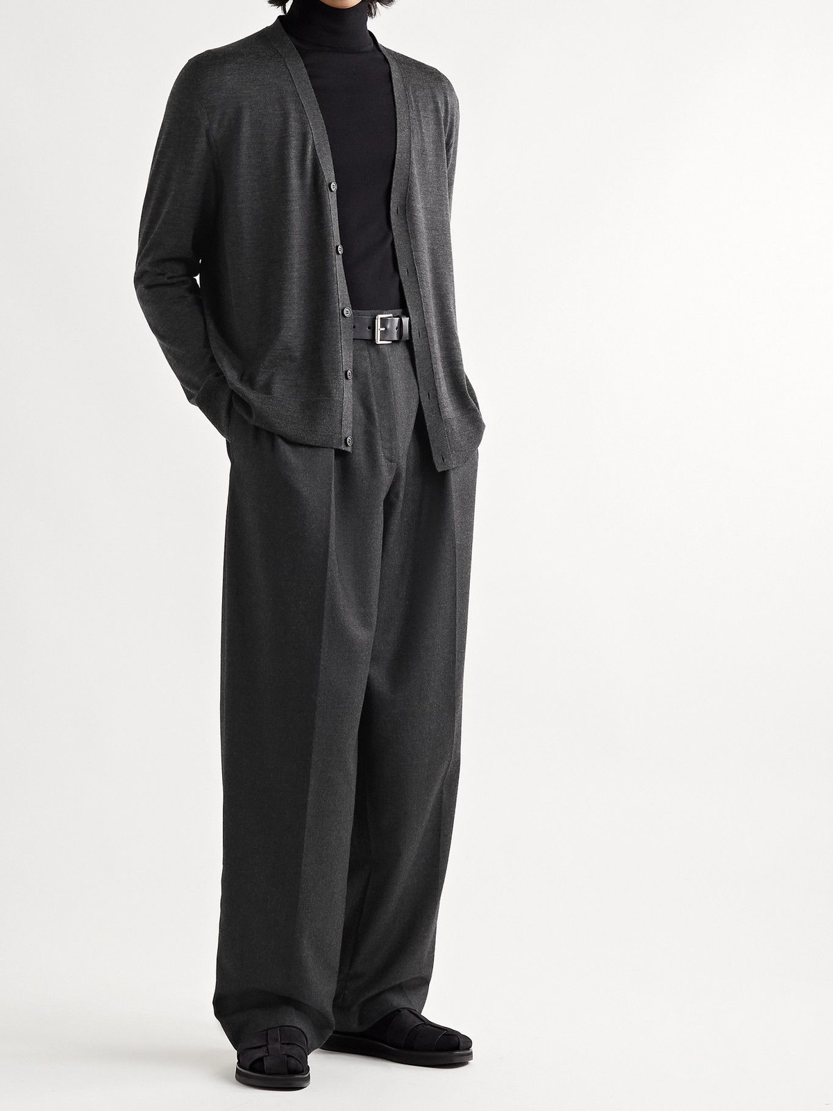 The Row Marcello Wide Leg Pleated Virgin Wool Flannel Trousers